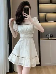 Gentle Wind Sweet Puff Sleeve Square neck Mini Dress Female Summer New Lace Splicing Embroidery Slim Short Dress Vestidos