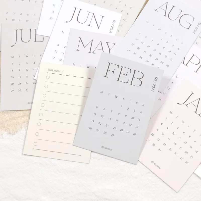 12 Sheets/Set 2024 Calendar Mini Cards INS Style Monthly Schedule Memo Pad DIY Journaling Planner Scrapbooking Calendars