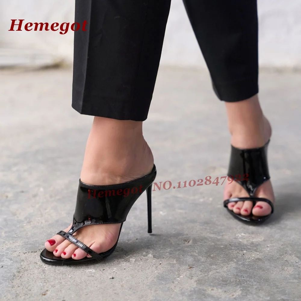 Black T-Strap Clip-Toe Slippers Glossy Wide Strap Stiletto Thin Heels Women's Slippers Outside Slip On Runway Concise Shoes Sexy