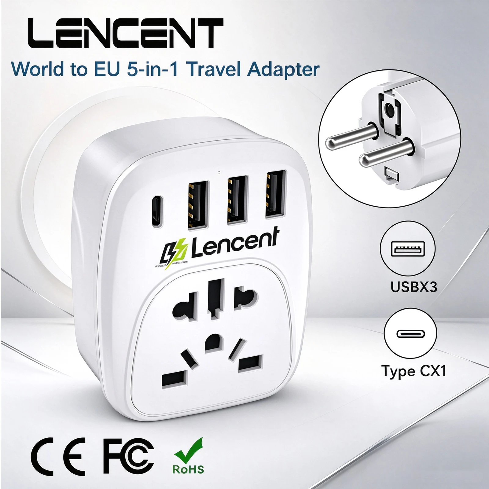 LENCENT World to  EU Travel Adapter with 1 AC Outlet 3 USB 1 Type C Port Power Adapter Overload Protection 6-in-1 Wall Socket