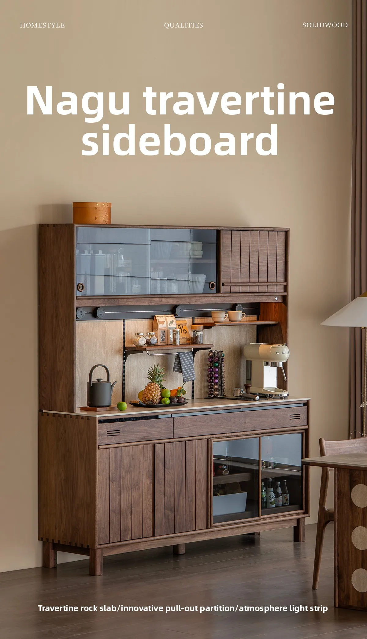 ZML side cabinet, all solid wood rock slab against the wall, integrated travertine cabinet, storage, tea and wine cabinet