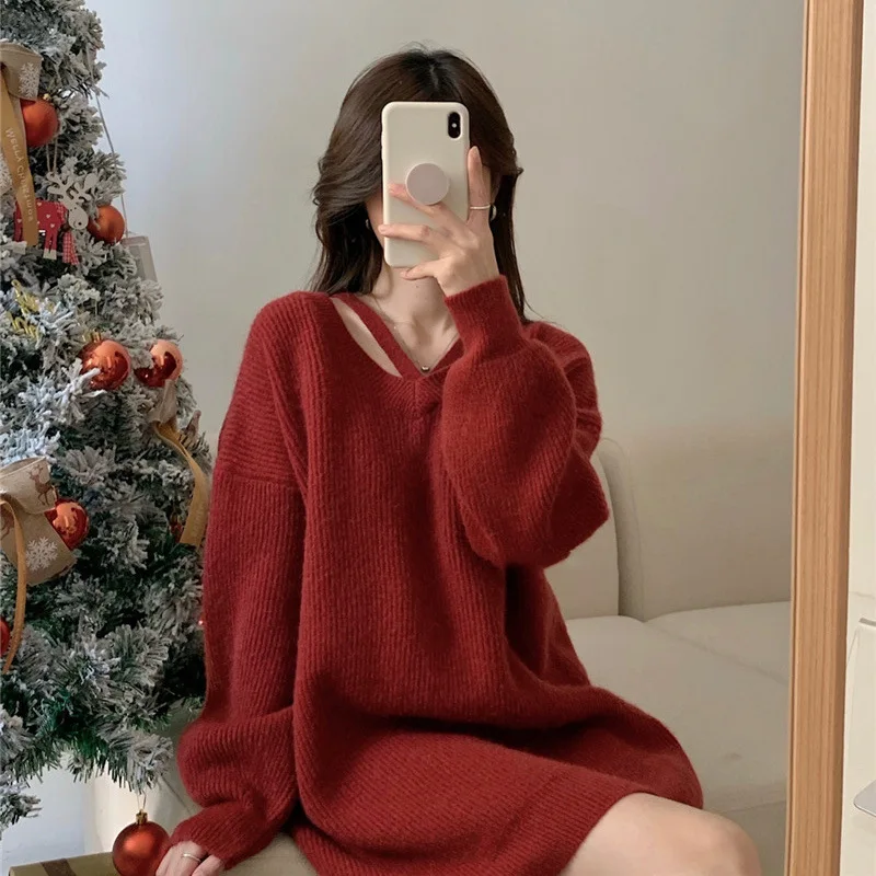 

Lazy Style Sweater for Autumn and Winter Women's Loose Outer Dress Western-style Medium Long Knitted Sweater Long Sleeved Top