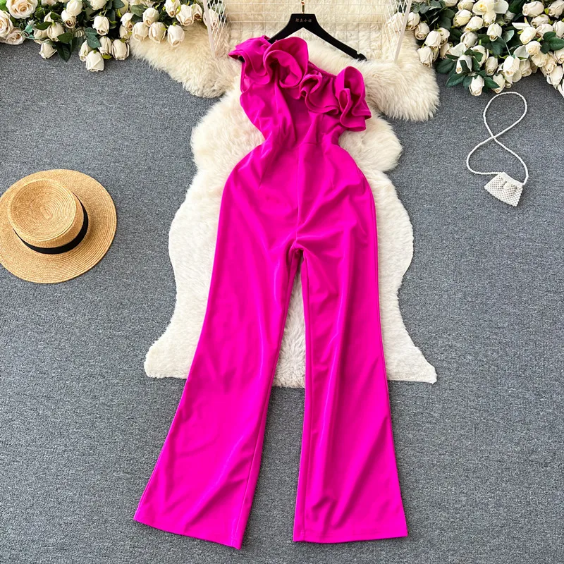 

Sexy jumpsuit women's high waisted slim casual fashion one shoulder sleeveless ruffled wide leg pants