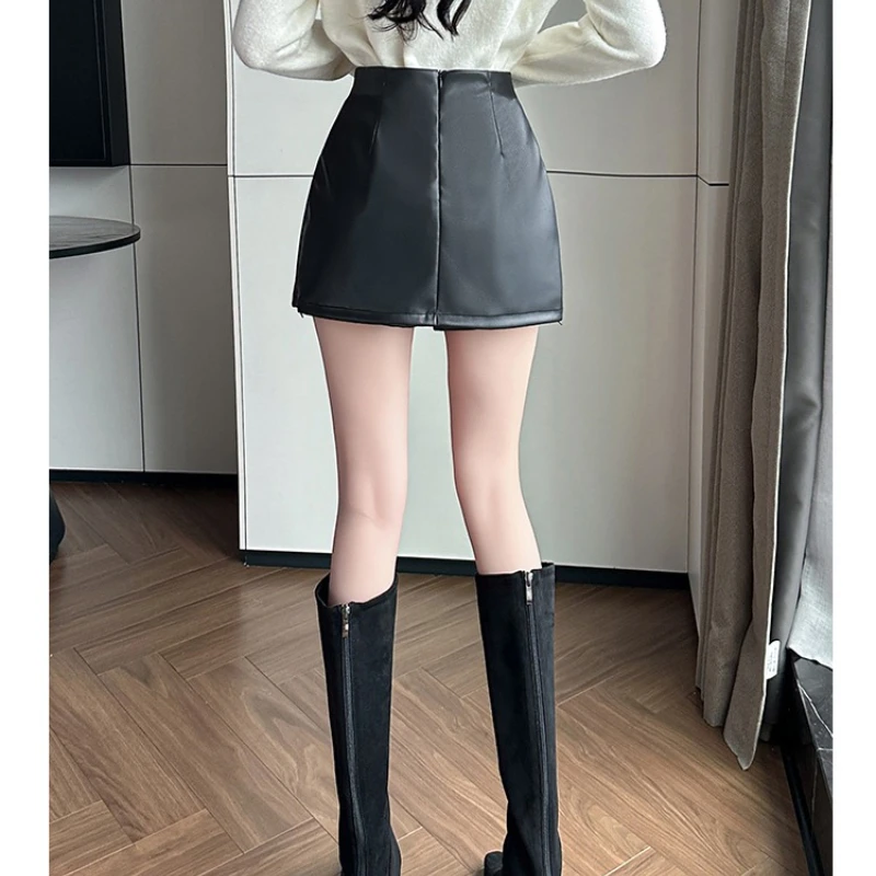 سيوليش الخريف الشتاء خمر الأسود بولي Leather جلد المرأة التنانير القصيرة عالية الخصر الجانب سبليت مكتب التفاف ألف خط التنانير الصغيرة الإناث