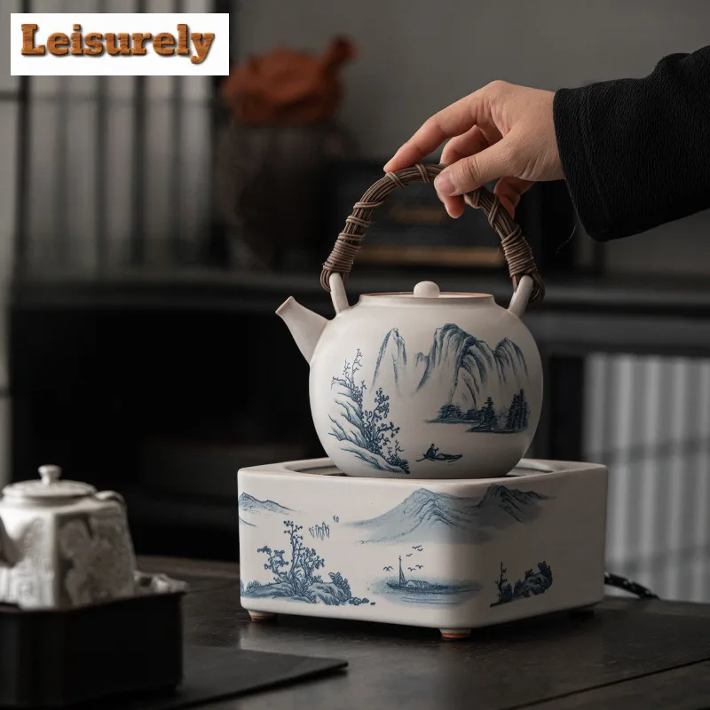 Retro Soda Glaze Ceramic Teapot Hand-painted Landscape Lifting Beam Pot Boiling Water Side Handle Kettle For Electric Stove