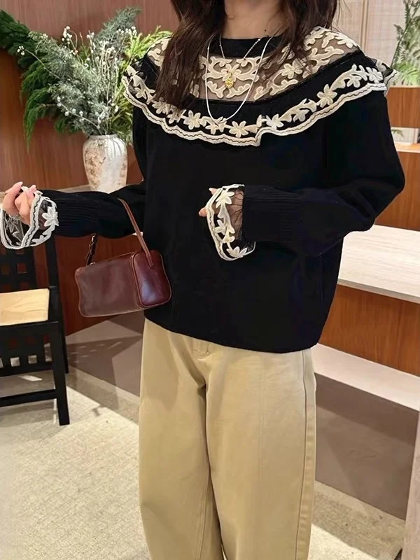 

Ele Retro Knitted Sweater Women's Long Sve round Ne Embroidered Lace Collar Slimming Effect Early Spring Faion