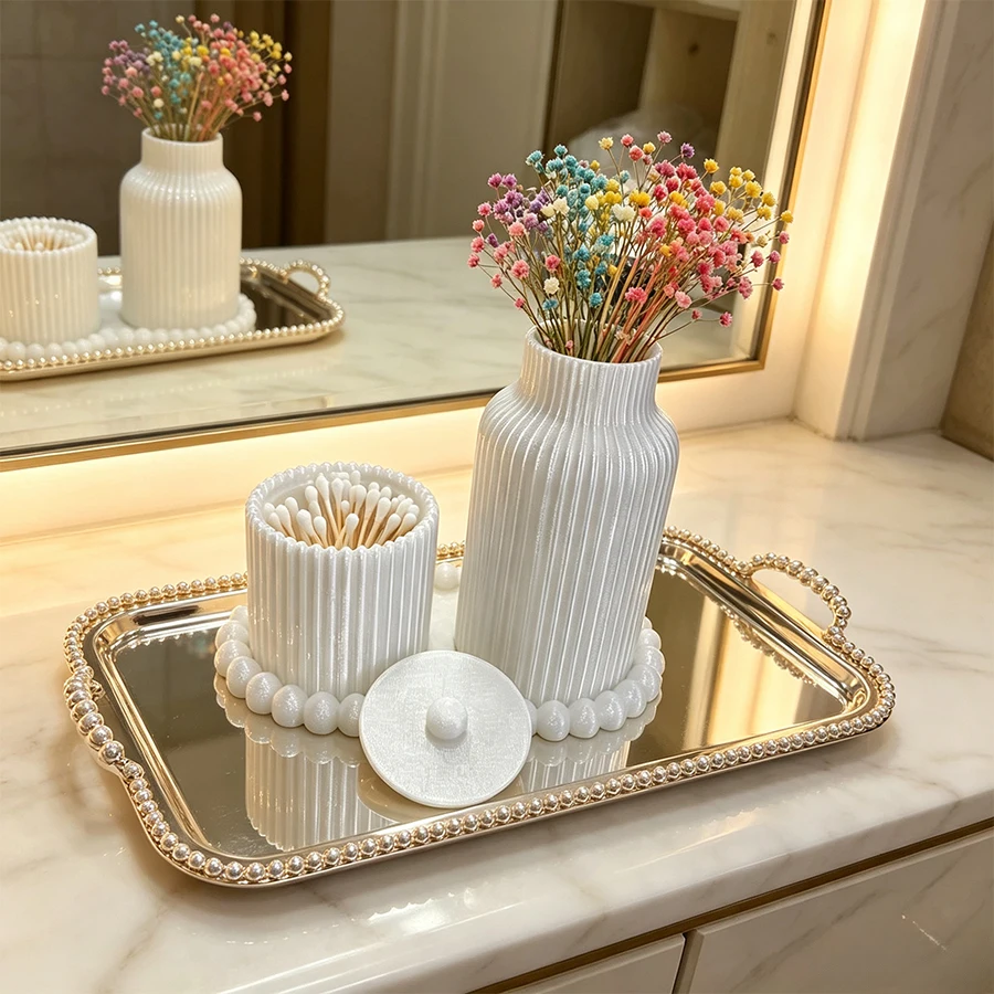 Cute White Vertical-Striped Cotton Swab Storage Set with Vase and Beaded Edge Tray, Waterproof Bathroom Cotton Swab Storage Jar, Small Dried Flower Vase, Bathroom Vanity Shelf Decoration