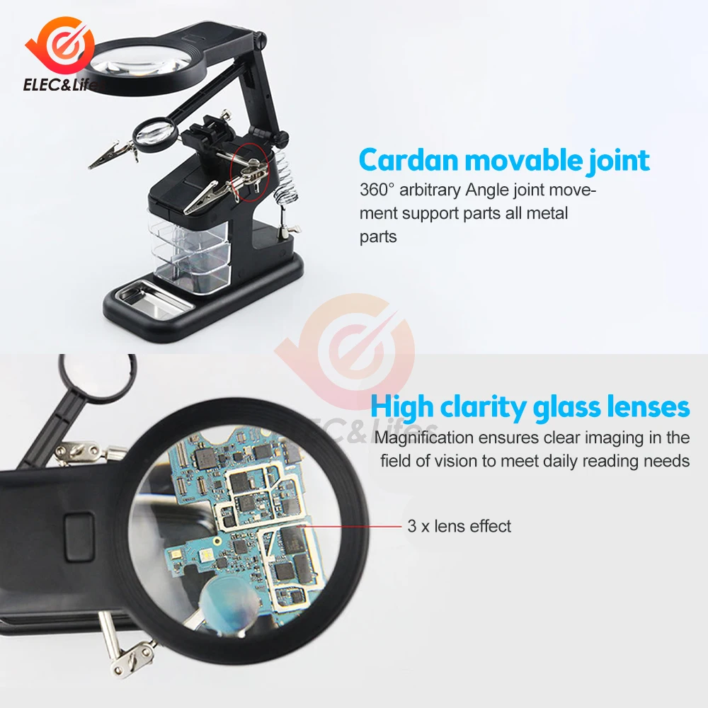 Multi-functional Welding LED Magnifier 3/4.5/25X Magnifying Glass Alligator Clip Holder Clamp Helping Hand Soldering Repair Tool