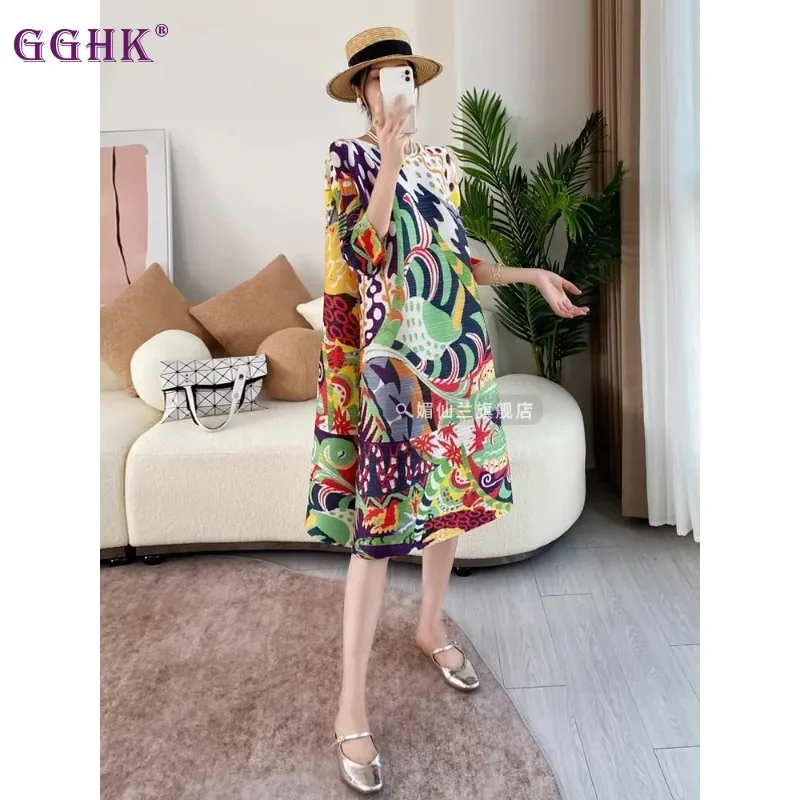 

GGHK плиссированное женское повседневное платье с круглым вырезом и длинным рукавом с принтом, свободные платья большого размера, персонализированные платья, одежда для отпуска