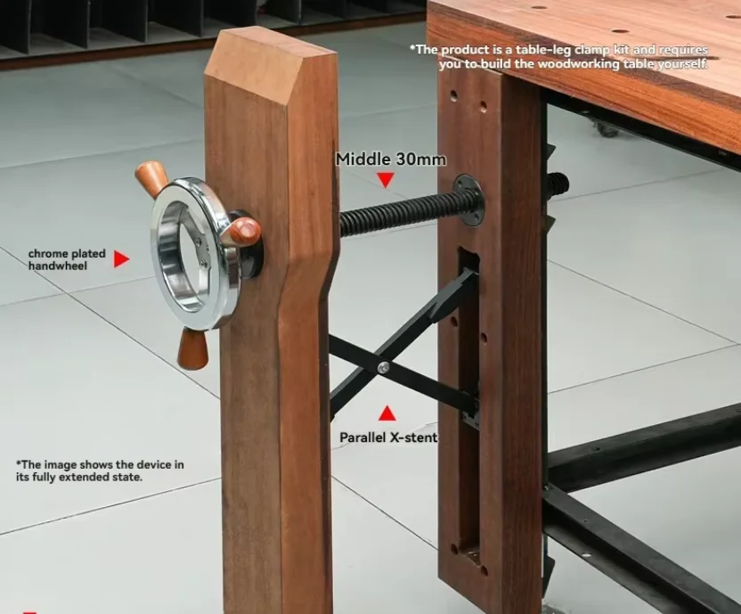 Woodworking bench vise with large handwheel and parallel clamping mechanism, featuring European-style X-frame hardware.