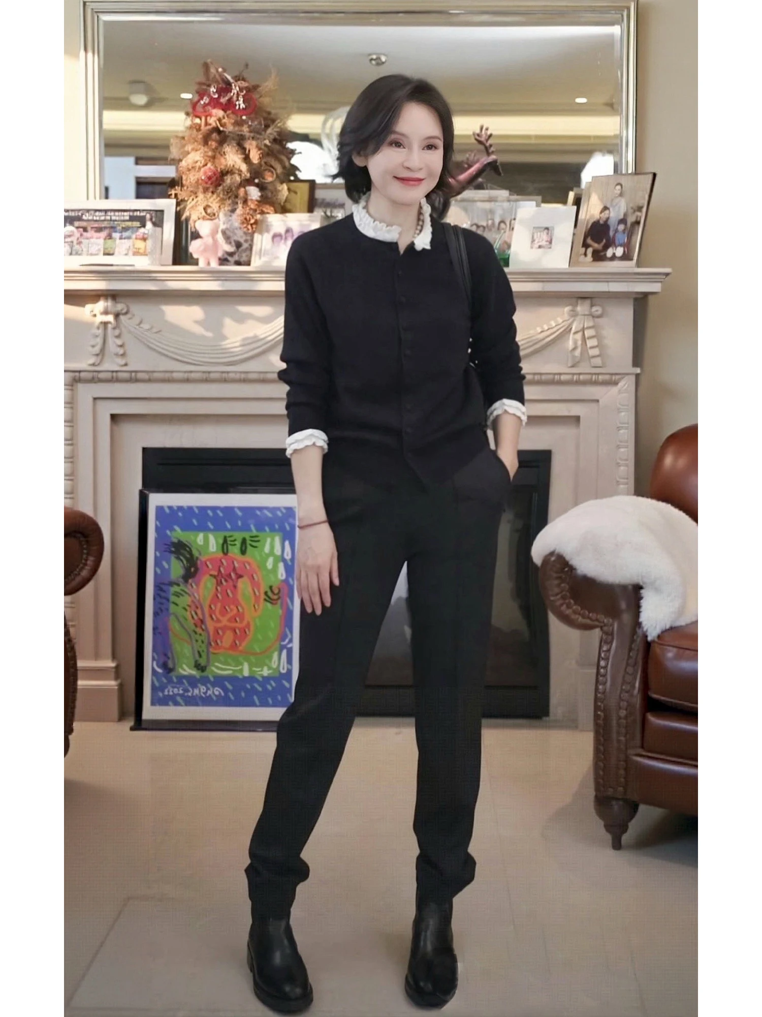 

Двухслойный вязаный шерстяной свитер из мериносовой шерсти 60 ярдов, повседневный женский трикотаж, круглый вырез, длинный рукав