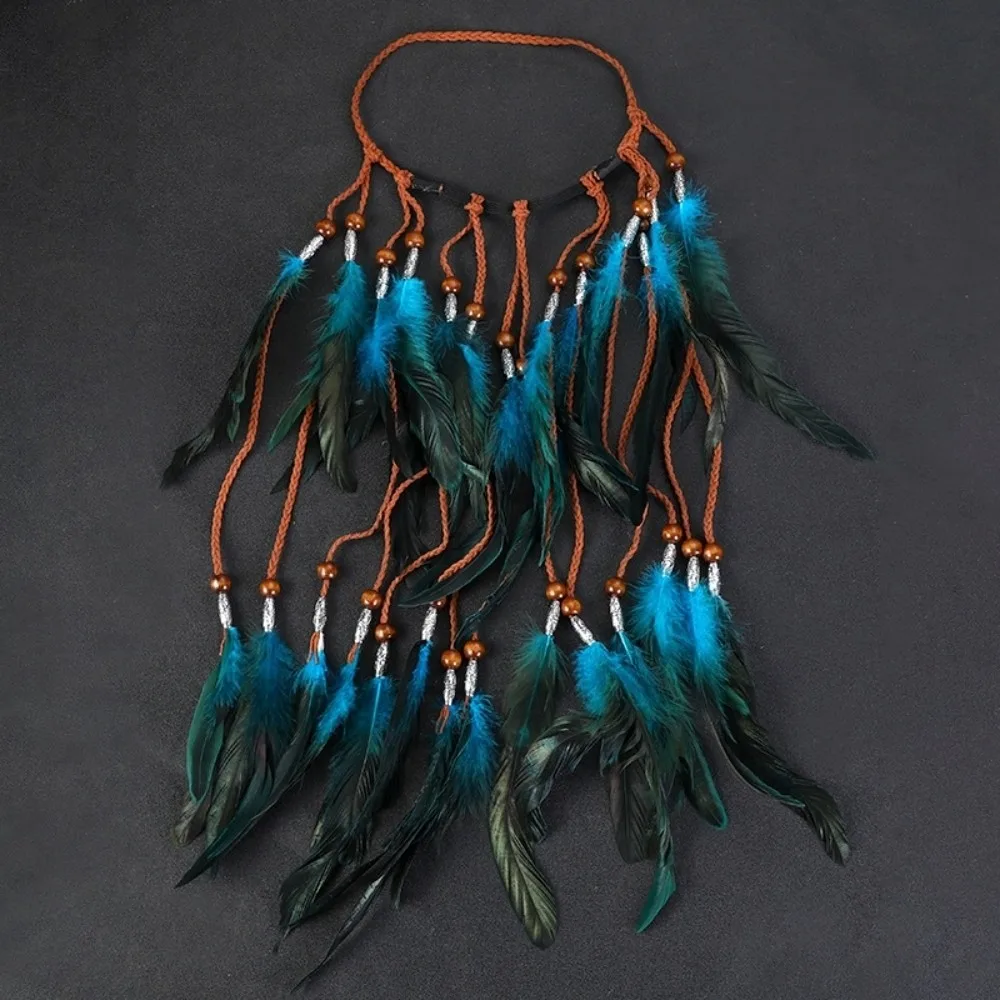 Synthetic Braided Cord Boho Feather Headpiece Adjustable Slide Bead Multi-strand Design Tribal Hair Extension