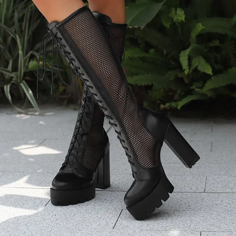 ORCHA LISA Sexy Women's Knee High Boots Round Toe 12cm Block Heel 4cm Platform Zipper Lace Up Mixed Color Size 47-50 Dating