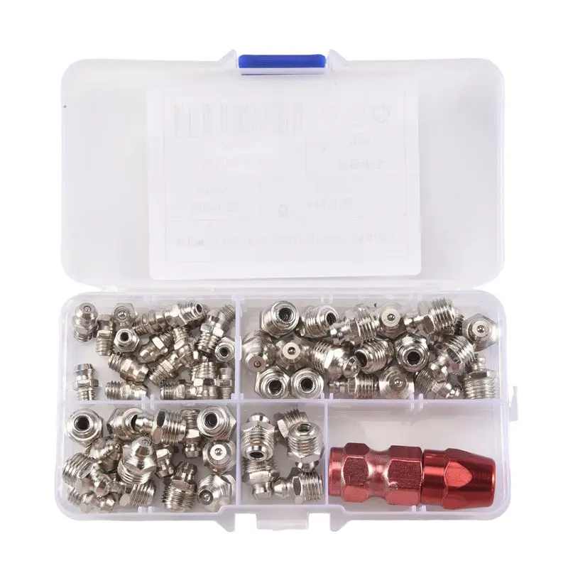 AEE3-61Pcs/Set Grease Fitting Pack M6/M8/M10 Metal Nipple Mechanical Lubrication Part Grease Nipple Fitting Assortment Kits