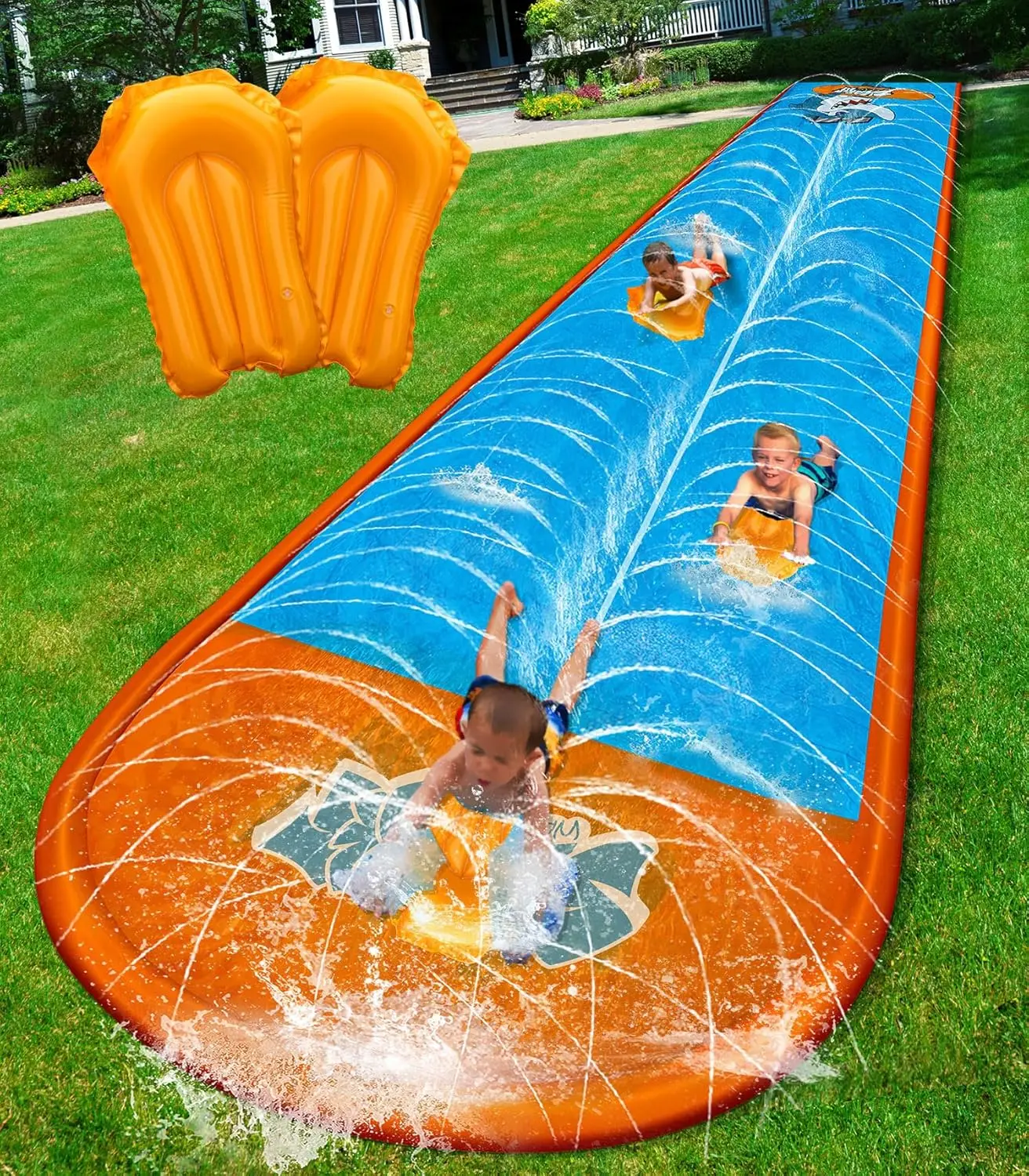 

32ft 2-Lane Water Slide for Kids Ages 4-12 with Sprinkler & Bodyboards, Summer Outdoor Fun Toy