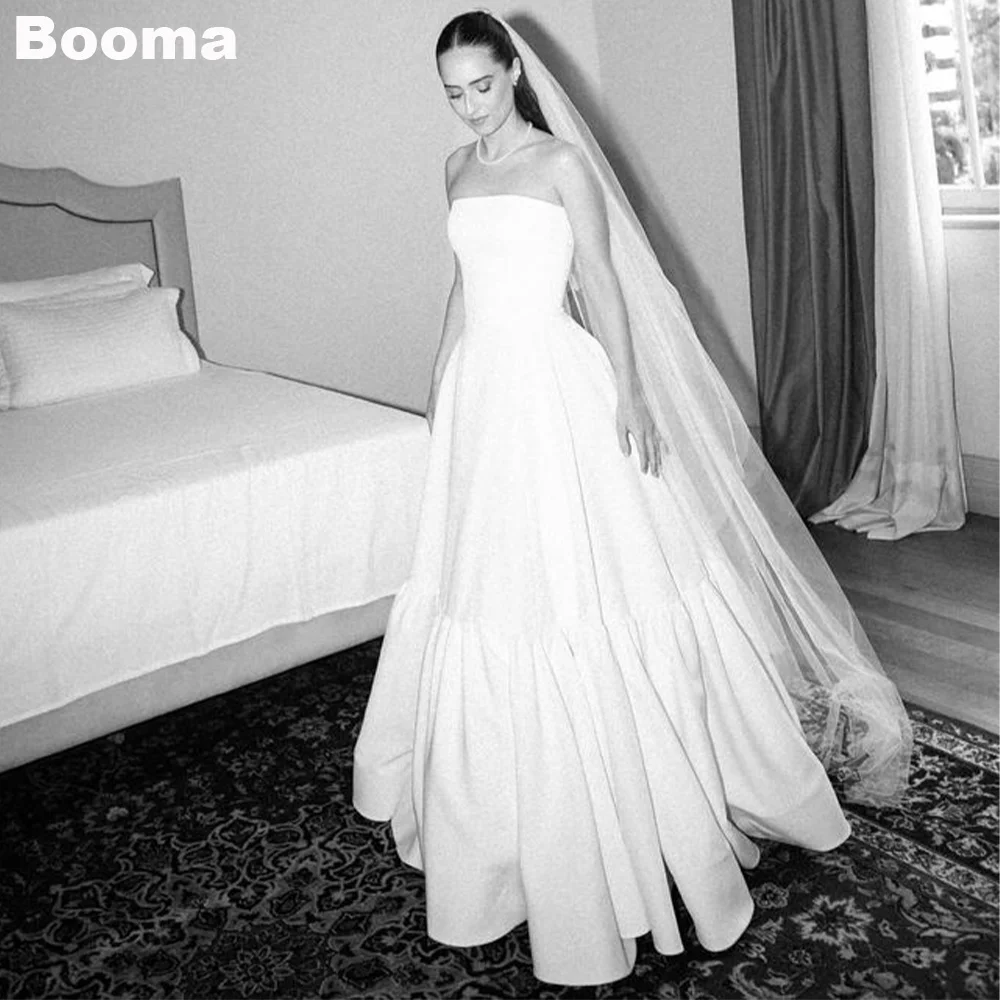 

Booma Simple A-Line Long Wedding Dresses Strapless Ruched Elegant Brides Dress for Women Evening Gowns robe de mariée