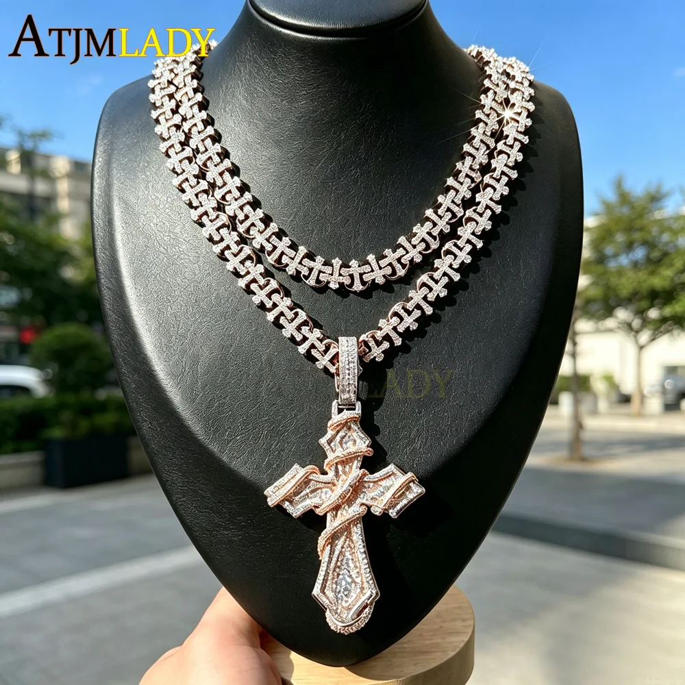 

2026 New Iced Out Jesus Thorn Cross Pendant Necklace for Men CZ Cubic Zirconia Cuban Link Chain Hip Hop Religious Jewelry