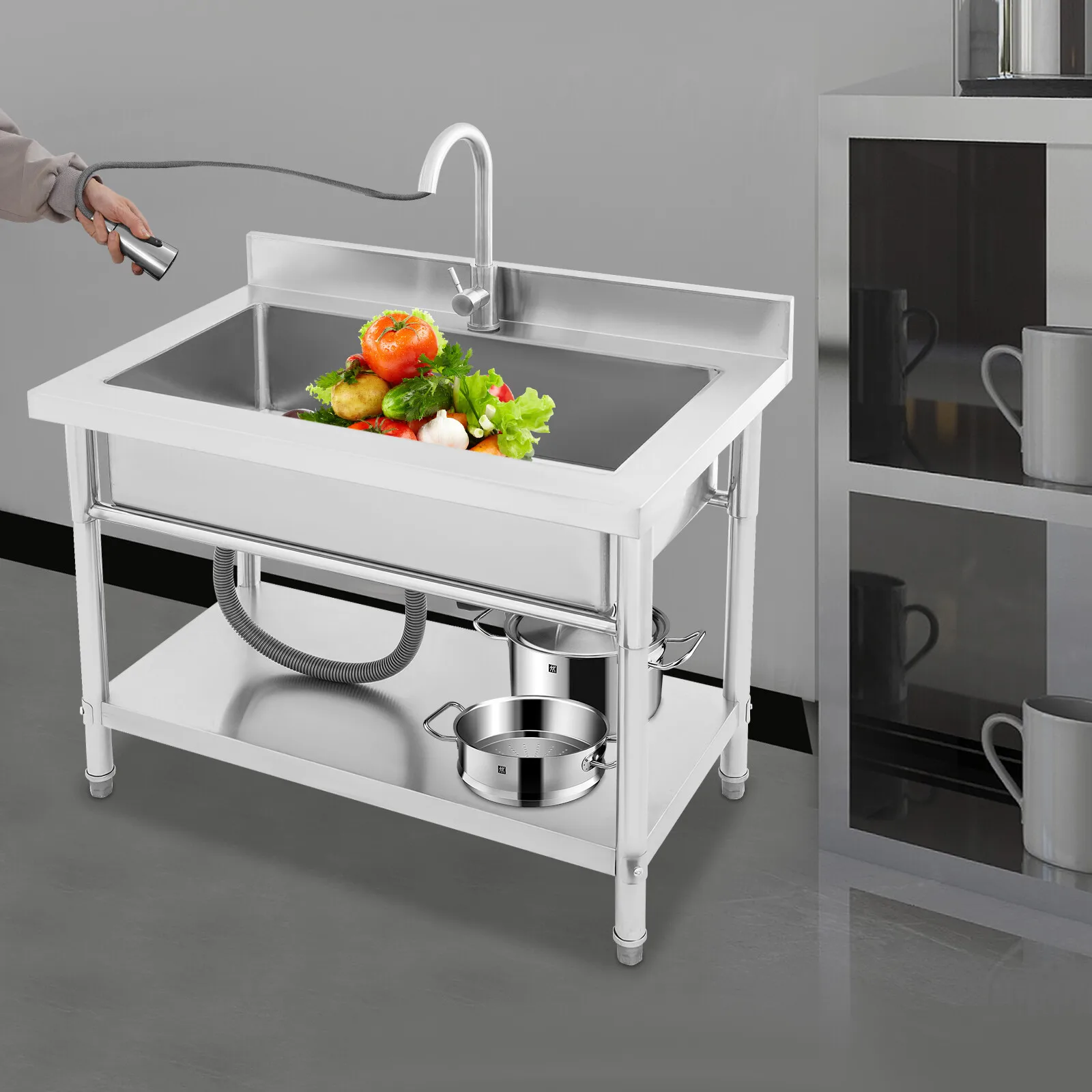 

Freestanding Stainless Steel Utility Sink with Pull-Out Sprayer Faucet, Modern Single Bowl Workstation Sink for Laundry Garage