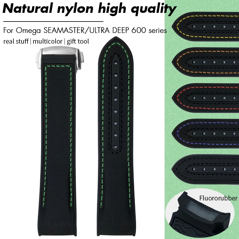 

21mm 22mm Fluorous Rubber FKM Nylon Watchband for Omega Seamaster Planet Ocean 600 215 232 FKM Watch Strap Foldover Clasp