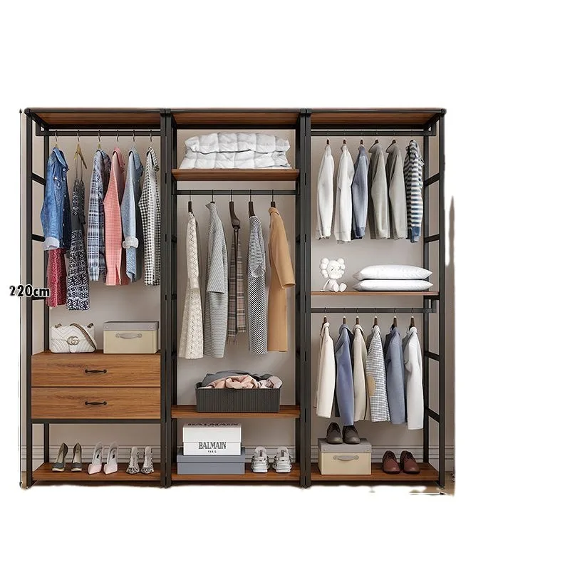 

Walk-in Coat Rack Home Bedroom with Drawer Floor Hanger Clothing Store Display Rack Double Layer Open Wardrobe