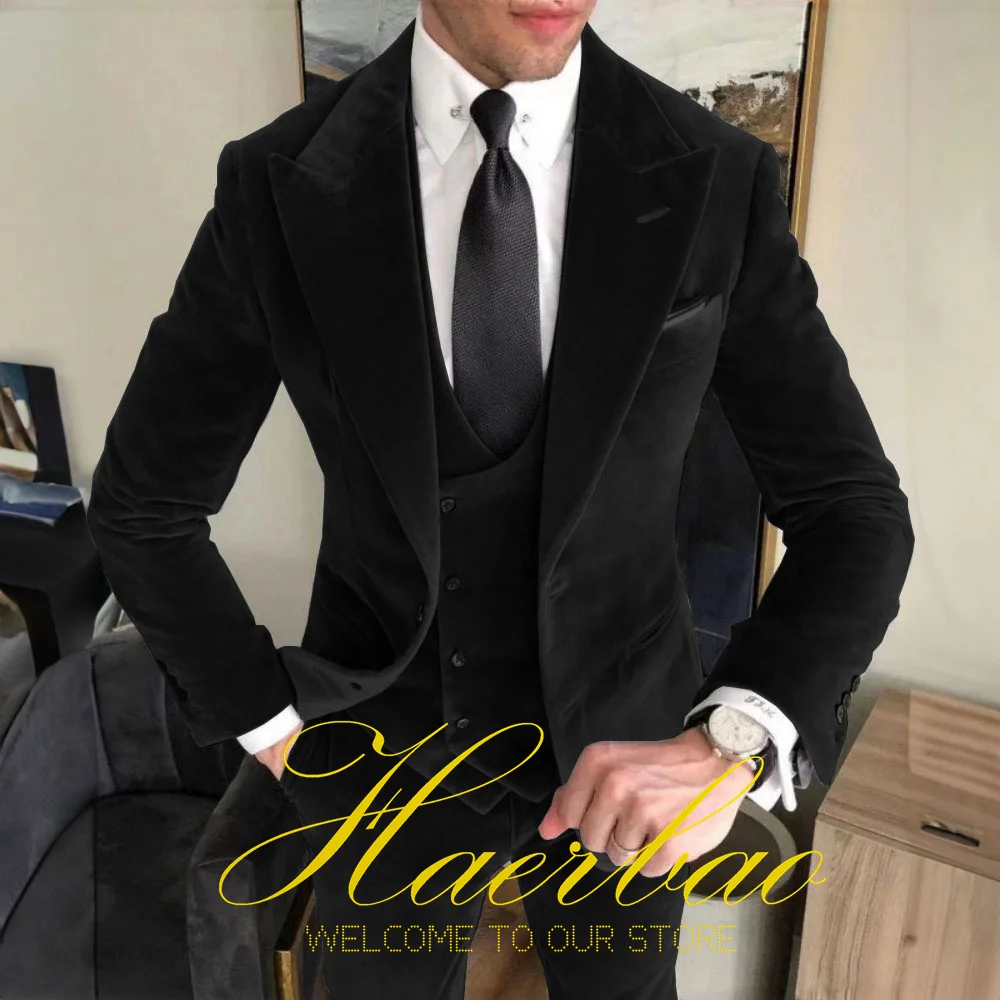 Suit for Men Business Velvet Suit 3-Piece Gray (Jacket Pants Vest) Formal Gun Lap Collar Blazer Male Handsome Clothes