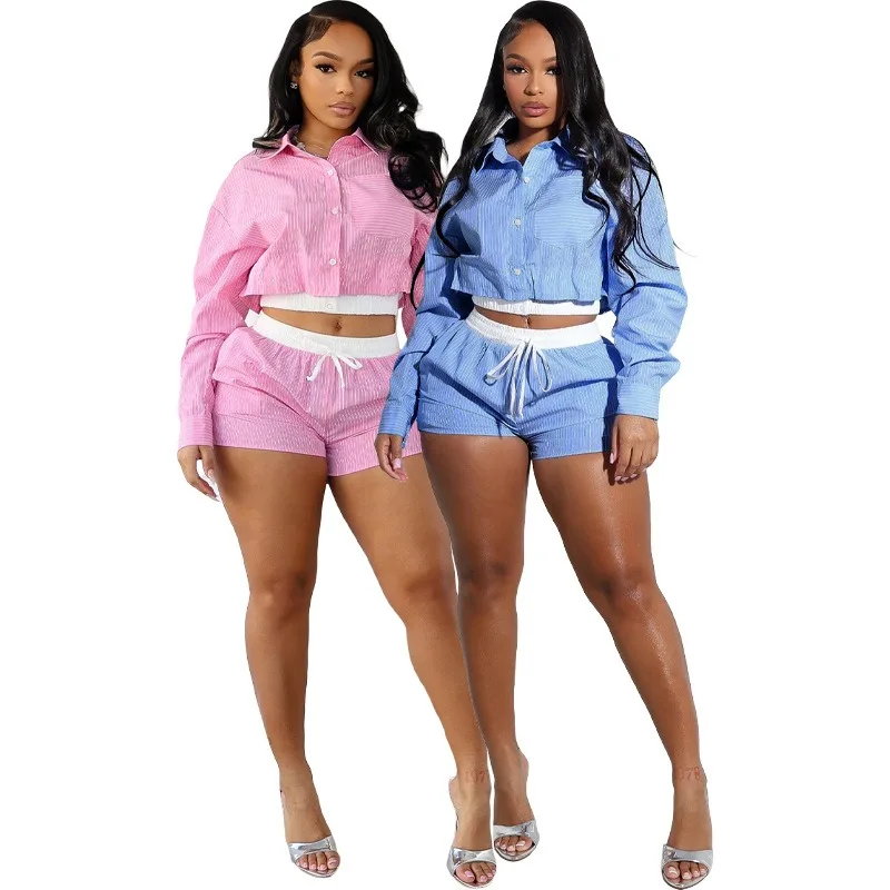 

Striped Women 2 Piece Set Long Sleeve Shirts Mini Shorts Matching Set 2025 Summer New Fashion Streetwear Casual Workout Outfits