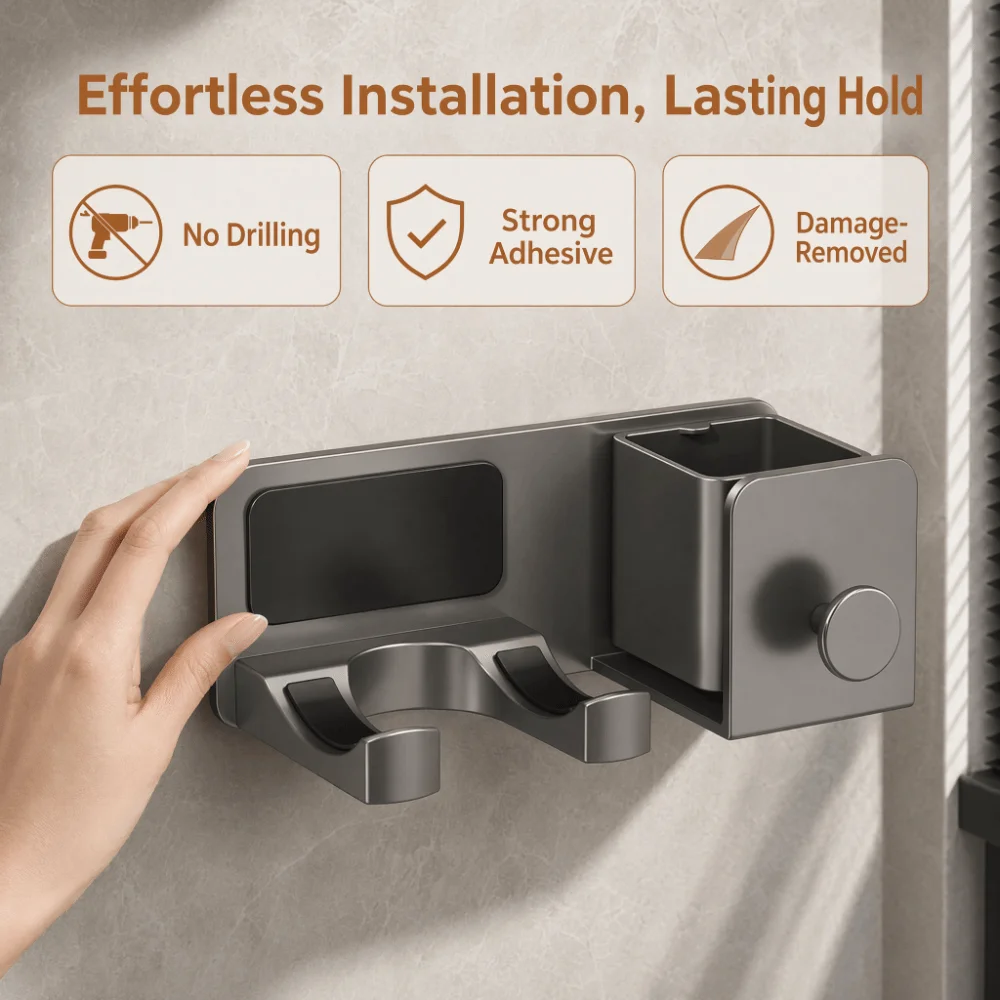 Wall Mounted No Drill Hair Dryer Holder Silicone Pads Anti-Scratch Bathroom Organizer Rack Space Saving Self Adhesive