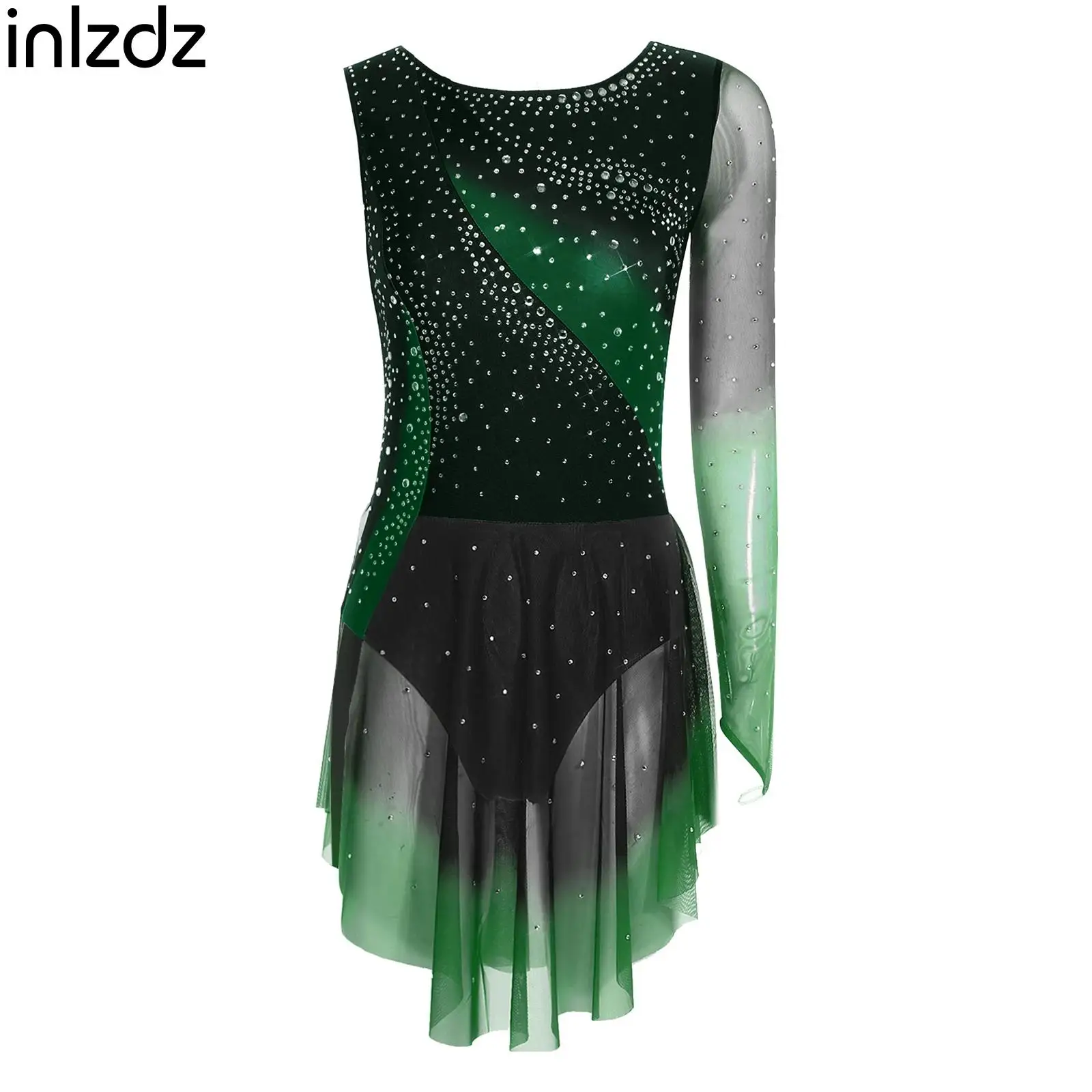 

Женское трико с градиентом для фигурного катания, платье с одним рукавом и стразами, боди с нерегулярным сетчатым подолом, костюм для балета и танцев, соревнований