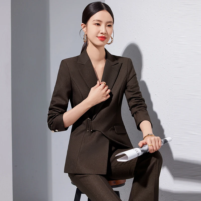 NAVIU New Arrival Autumn Winter Navy Brown Black Women Suits Long Sleeve Office Ladies Business Blazer And Pant Formal Work Wear