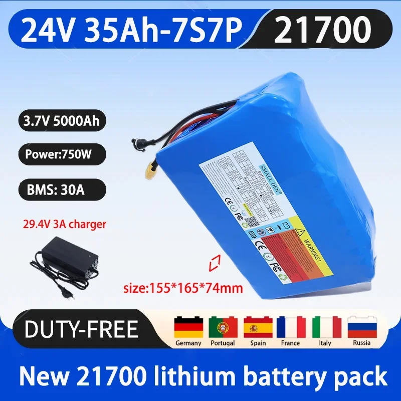 New 24V 35ah 21700 7S7P lithium battery with built-in 30A BMS high-power 750W high-quality rechargeable battery+29.4V 3A charger