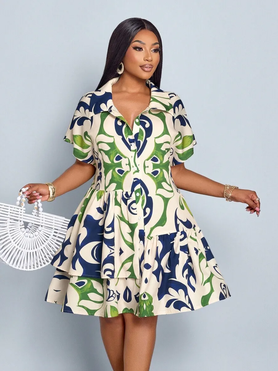 

Waist-Cinching Button-Front Loose Summer Casual Vacation Print Dress