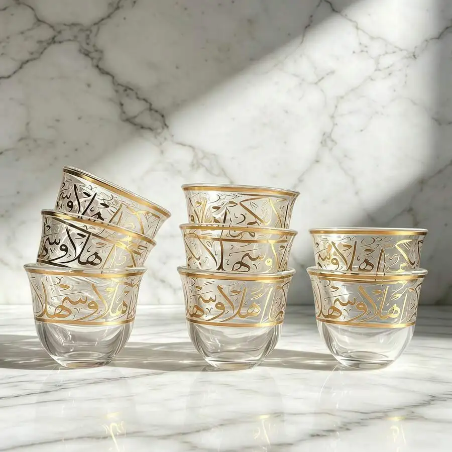 8/12 Pcs Glass Tea Cup Set, Gold Arabic Letter Coffee Cups, Cute Mini Middle Eastern Style Cups For Espresso, Arabica Coffee, Bl