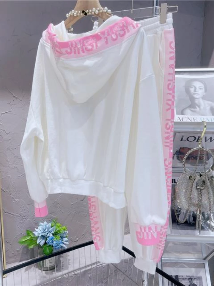 Imagem -06 - Conjunto Feminino Solto de Duas Peças Moletom Diamante Rosa Cardigã com Zíper Terno Branco Calça Casual Fato de Treino Solto Moda Coreana