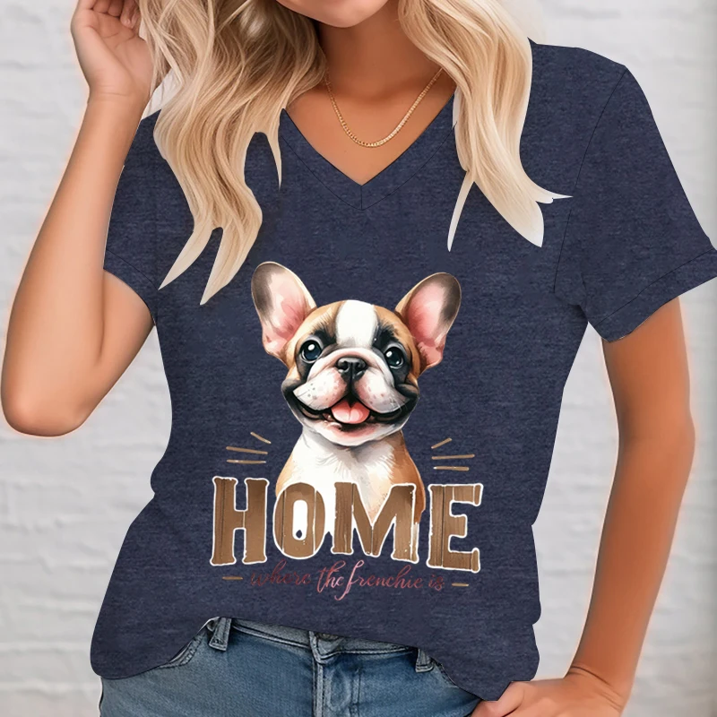 Cute French Bulldog T-Shirt Women Print Cartoon Animal Lovers Tshirts Short Sleeve V-Neck Fashion Brand French Bulldog T Shirt