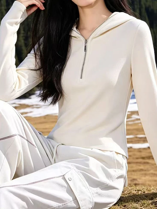 Slim Fit Hooded Zipper Fleece Long Sleeve Women's T-Shirt Base Layer Short Style Warm Top Korean Style Standard Edition