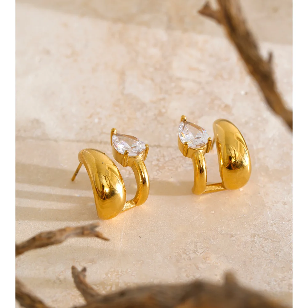 Yhpup Stainless Steel Teardrop CZ Stud Earrings Waterproof Minimalist Glossy Zirconia Modern Fashion Jewelry Wholesale