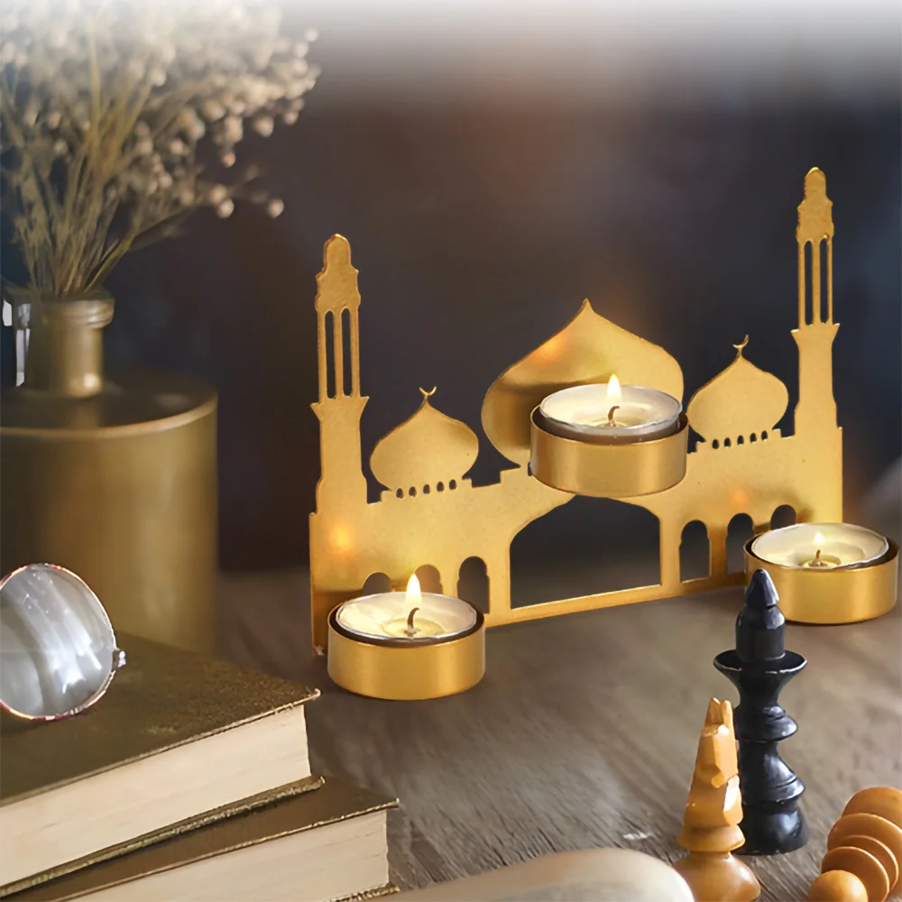 Eid Mubarak Metall Kerzenhalter Golden Moon Castle Ramadan Kareem Kerzenständer Aromatherapie Ständer Muslim Islam Home Party Dekore