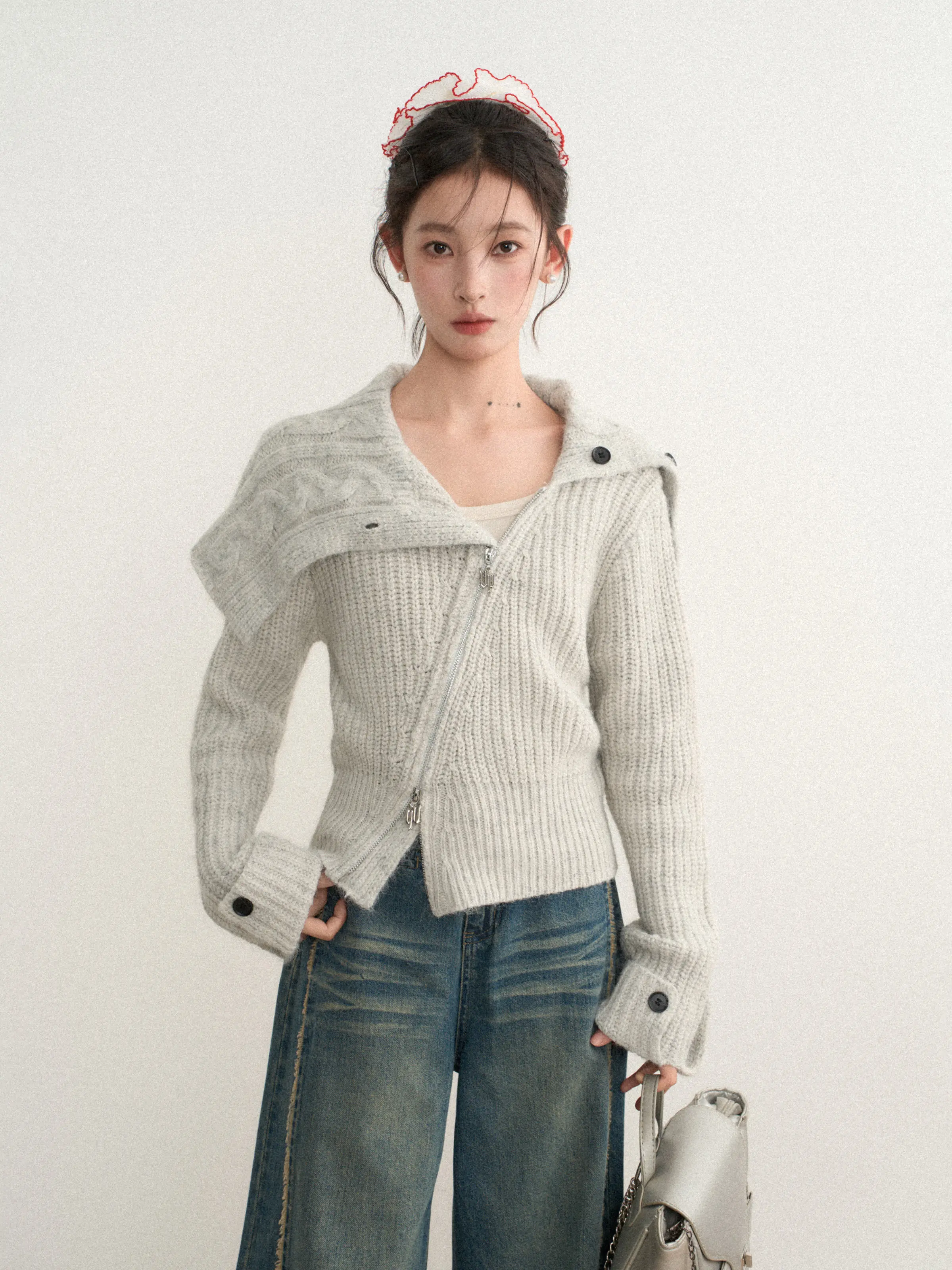 Women Grey Gothic Pullover Sweater Harajuku Aesthetic Y2k Long Sleeves Knitted Sweaters Vintage 2000s Clothes Autumn