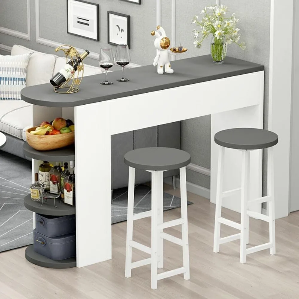 Juego de mesa y sillas de bar, juego de mesa de bar moderno para sala de estar con estantes de almacenamiento y 2 taburetes acolchados sin respaldo para el hogar y la cocina