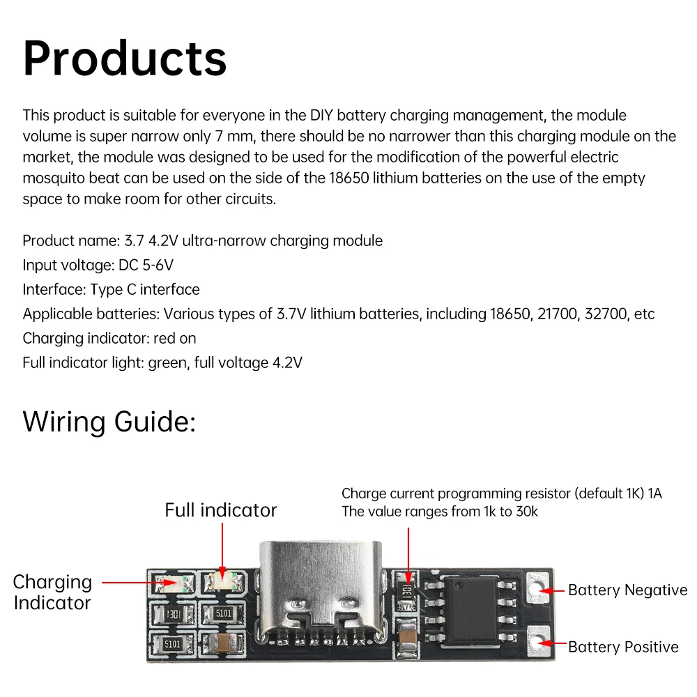 1A 4.2V 충전기 모듈 Type-C 인터페이스 3.7V 초소형 초삼원 리튬 배터리 충전 보드