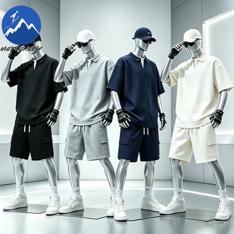 

Summer Trendy Ice Silk Polo Shirt Set Two Piece Outfit Quick Drying Short Sleeve Top Cargo Shorts Breathable Casual Sports Suit