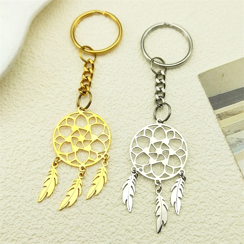 

Boho Flower of Life Dream Catcher Feather Key Chain for Women Men Stainless Steel Gold Color Lucky Key Ring Wedding Gift Jewelry