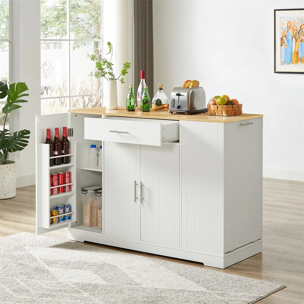 53 Inch Large Kitchen Island with Trash Can Storage Cabinet, Islands Table with Drawer and Adjustable Shelves, Bar Cabinet