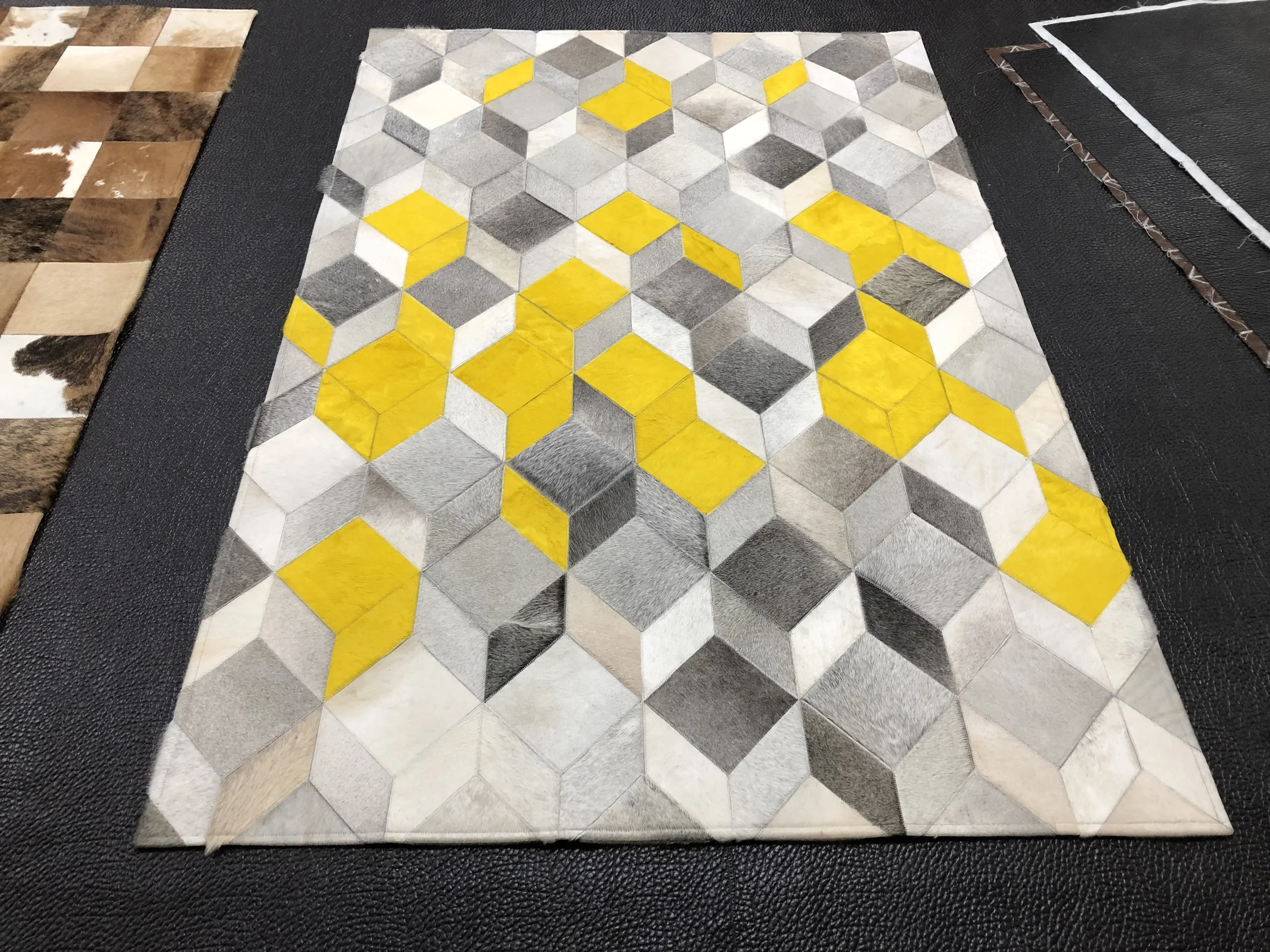 

Nordic Style Hand made Patchwork Real Cowhide Rug Cube Grey and Yellow CR-22