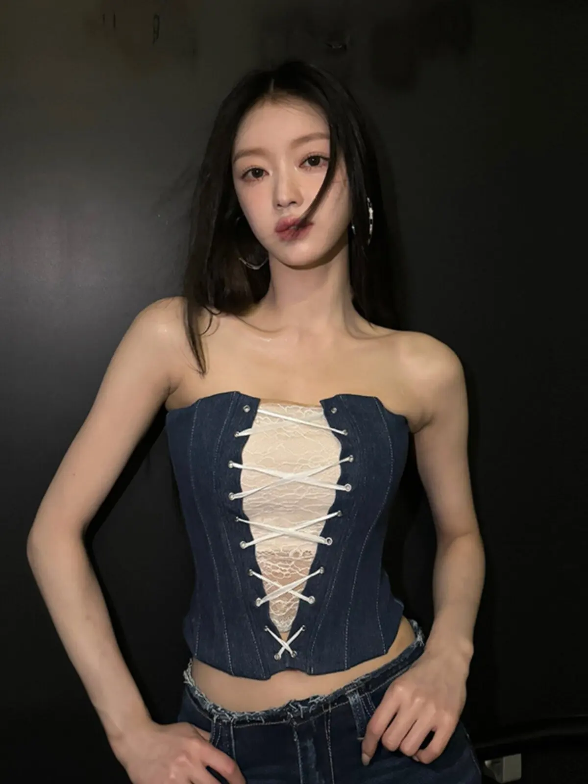 Women Blue Lace Patchwork Tank Top Strapless Bustier Sexy Camisole Top Y2K Gyaru Sleeveless Off Shoulder Cropped Top Summer 2026