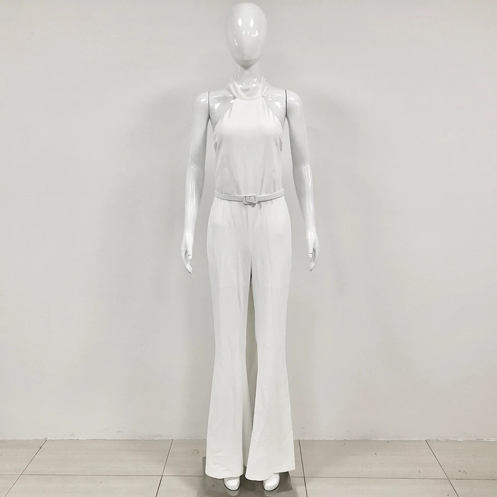 GORAFASHION High Quality Clothing Sleeveless Halter Trailing White Casual Jumpsuit Belt Loose Straight Linen Cotton Bodysuits