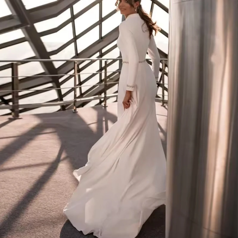 

Muslim Wedding Dresses High Quality 2025 A-line O-Neck Long Sleeve Beach Bride Dress with Beading Draped Bridal Gown Customized