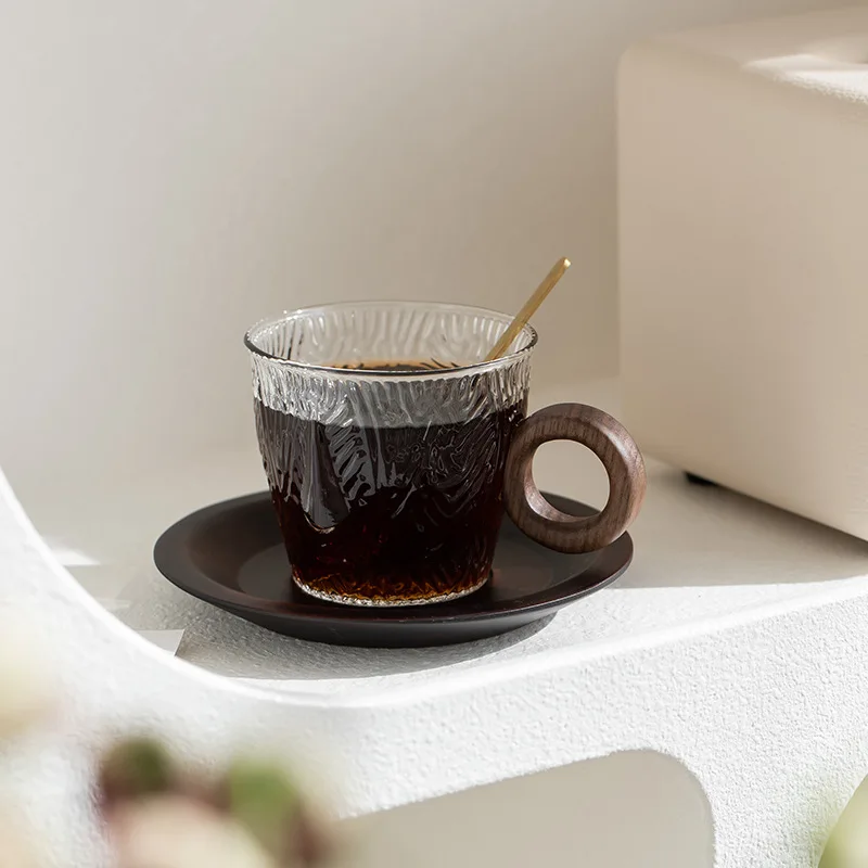 Creative Face Cup Body,with Walnut Wood Handle Multi-purpose High-end Heat-resistant Glass Coffee Cup and Saucer Set