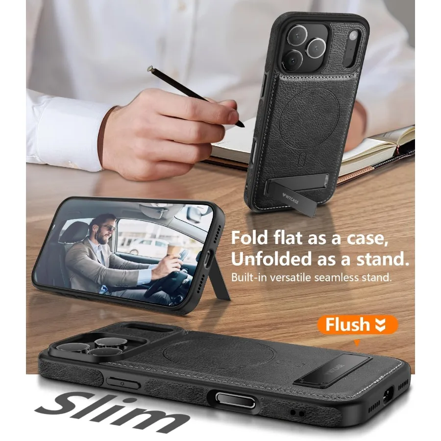 حافظة جلدية مغناطيسية لهاتف iPhone 17 Pro Max مع حامل مدمج غير مرئي وغطاء هاتف واقٍ نحيف متوافق مع Magsafe