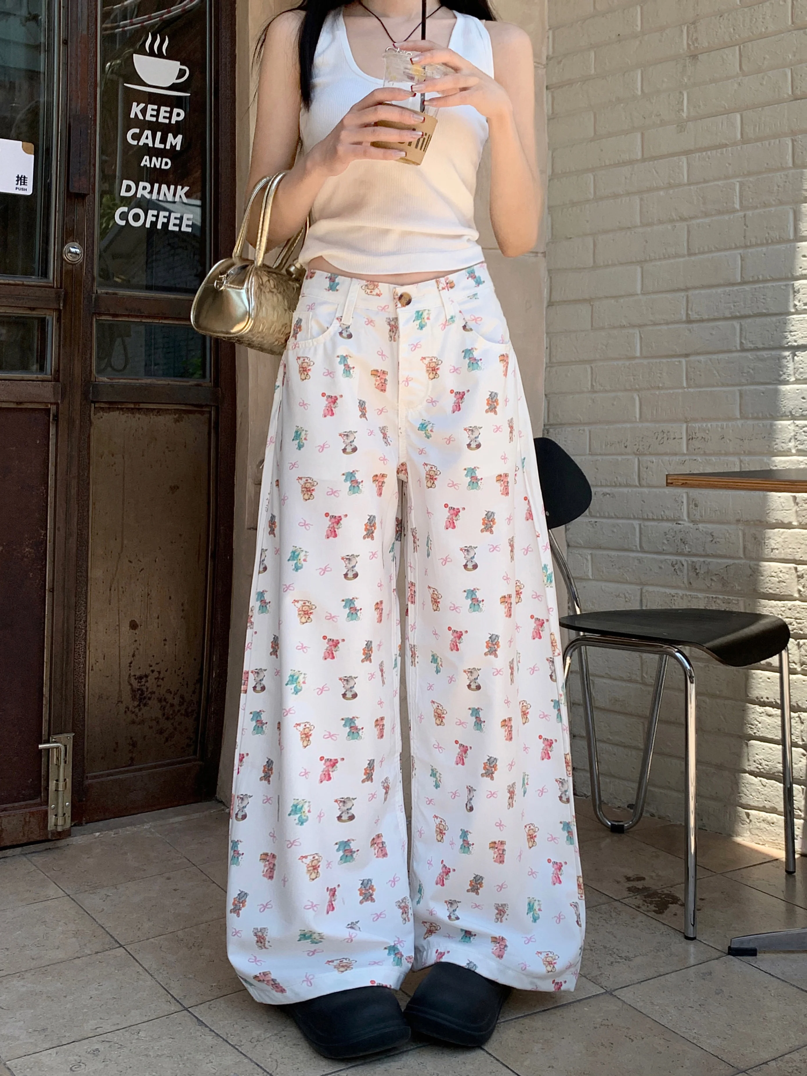 

Women's White Cartoon Animal Bow Printed Jeans Harajuku High Street Casual Pants Loose Straight High Waist 2025 New Trousers